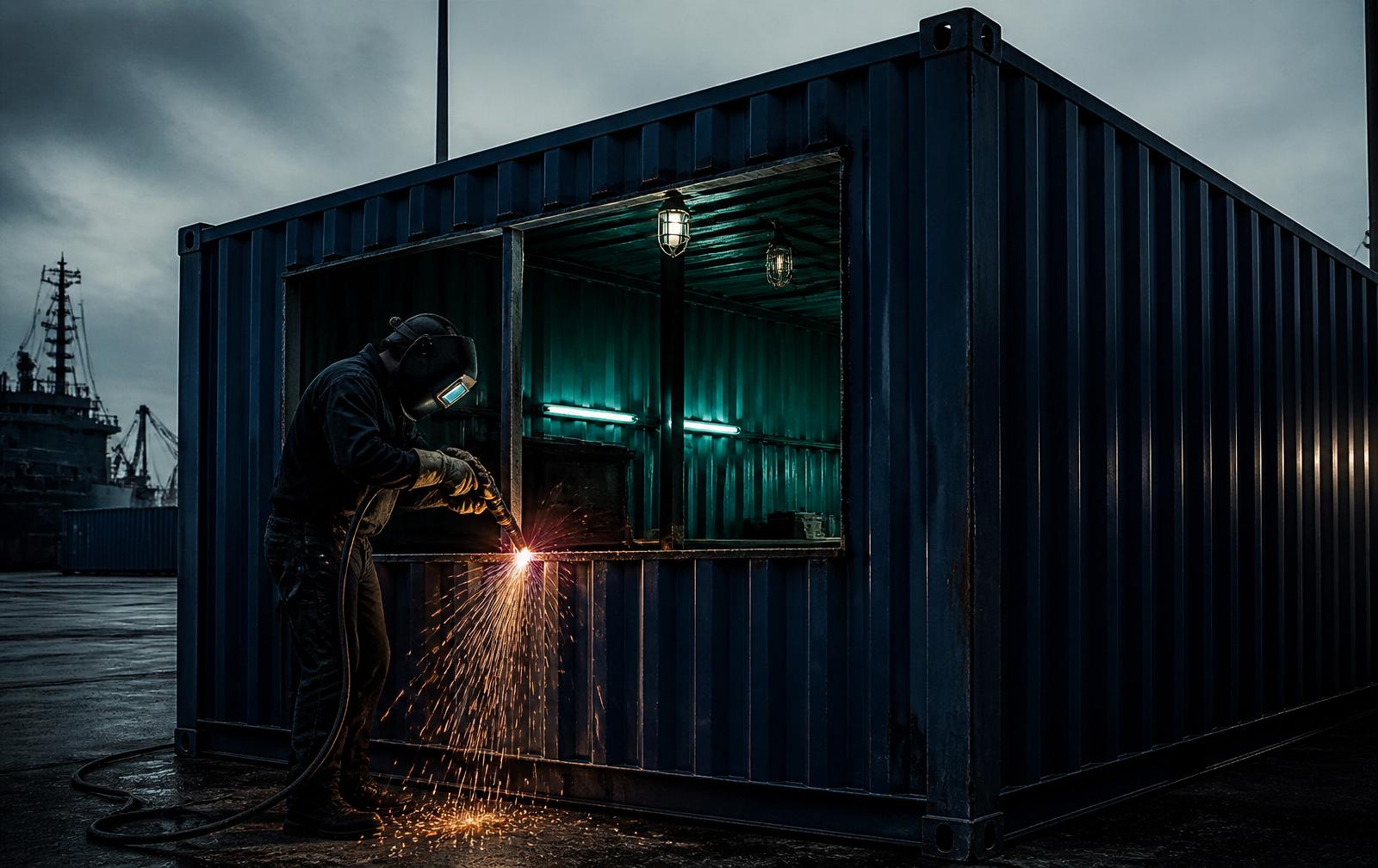 Welder cutting a window opening into a navy shipping container in a port yard at dusk